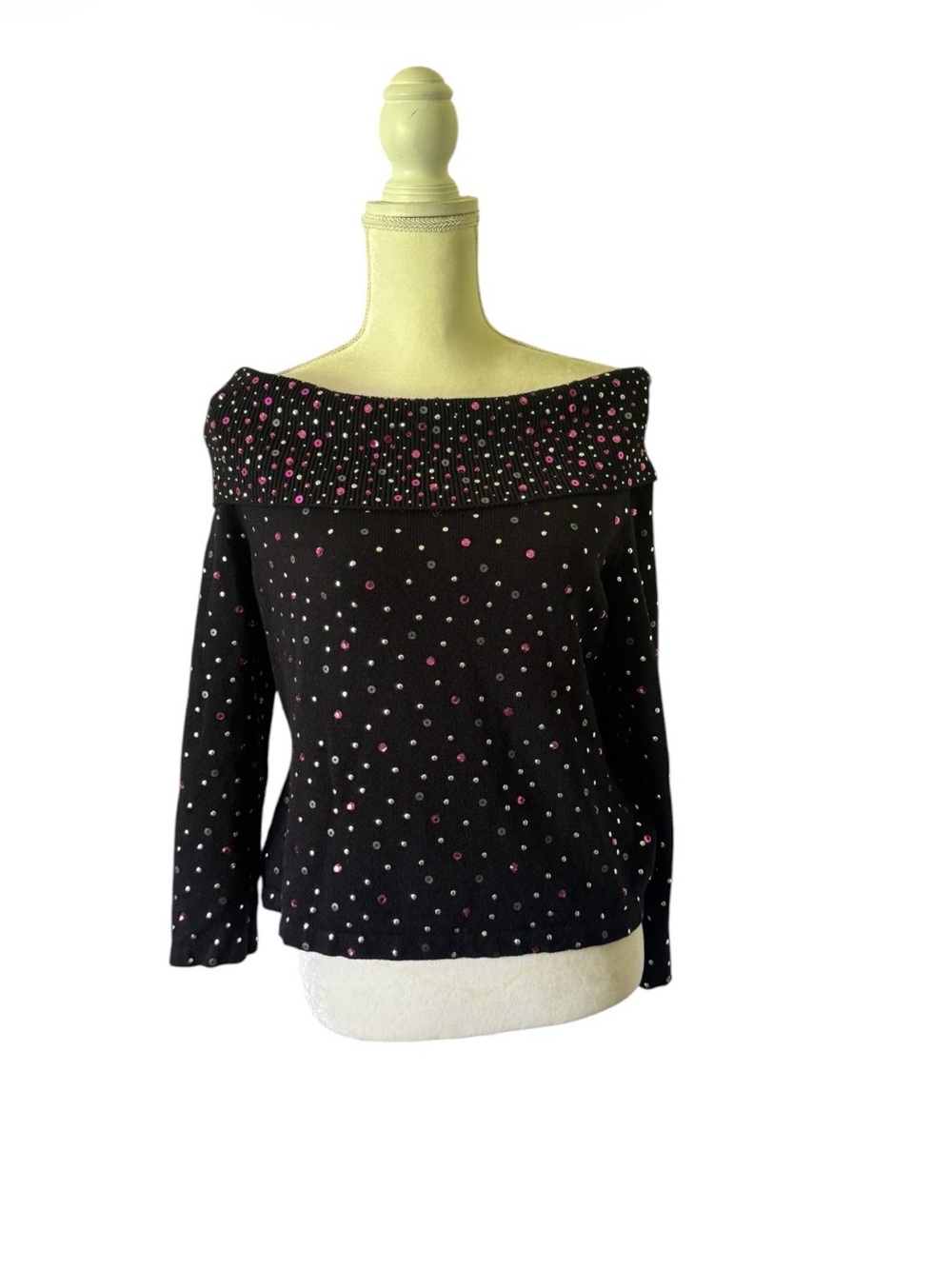 St. John Black Off-the-Shoulder Sweater with Pink and Silver Dots